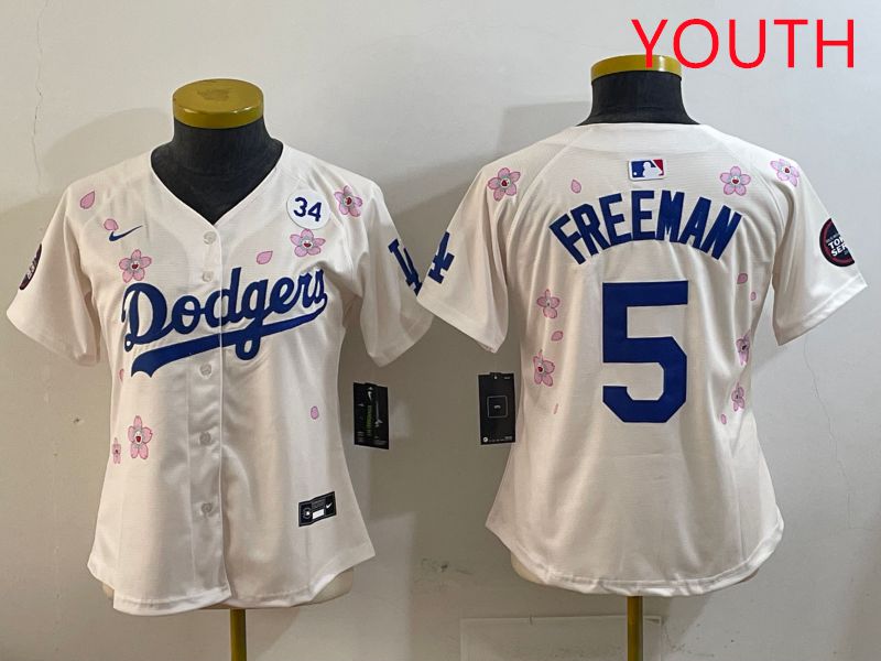 Youth Los Angeles Dodgers #5 Freeman Cream Sakura Edition 2025 Nike MLB Jersey style 4